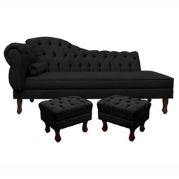 Divã Recamier Namoradeira Larissa 185cm com Capitonê - Direita + 02 Puffs Retrô Suede:preto - 1