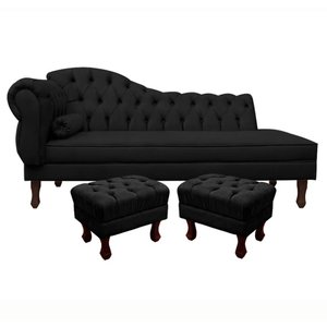 Divã Recamier Namoradeira Larissa 185cm com Capitonê - Direita + 02 Puffs Retrô Suede:preto