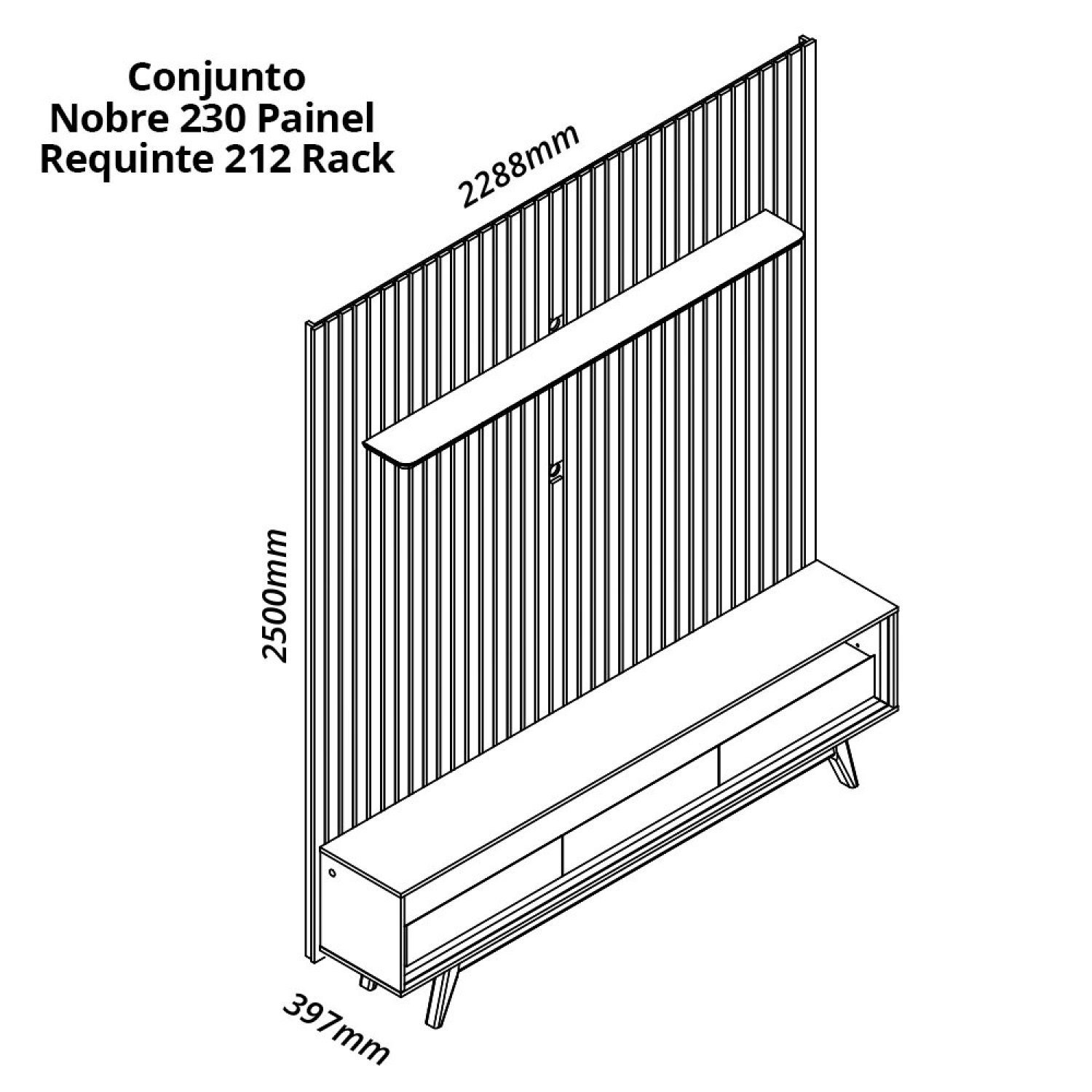 Rack com Painel Ripado para Tv até 85 Polegadas Led 3 Gavetas com Pés 230cm Nobre - 4