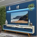 Ver imagem 1 de Rack com Painel Ripado para TV até 90 Polegadas 100% MDF com LED 228,8CMX308CM Pés em Madeira Maciça 3 Gavetas Nobre Azul