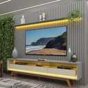 Ver imagem 1 de Rack com Painel Ripado para TV até 90 Polegadas 100% MDF com LED 228,8CMX308CM Pés em Madeira Maciça 3 Gavetas Nobre Cinza