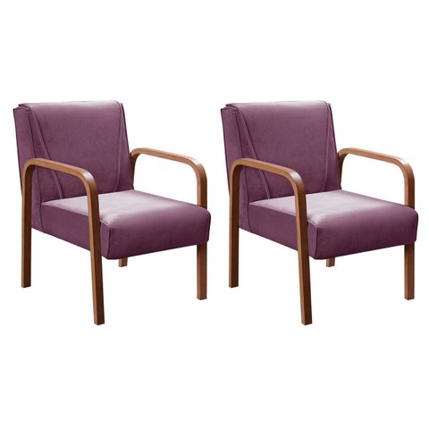 Kit 2 Poltronas Anita Conjunto Cadeiras Moderna Braço Madeira Roxo 380