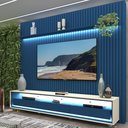 Ver imagem 1 de Rack com Painel Ripado para TV até 90 Polegadas 100% MDF com LED 229CMX295CM 3 Gavetas com Rodízios Naturale Yescasa Azul