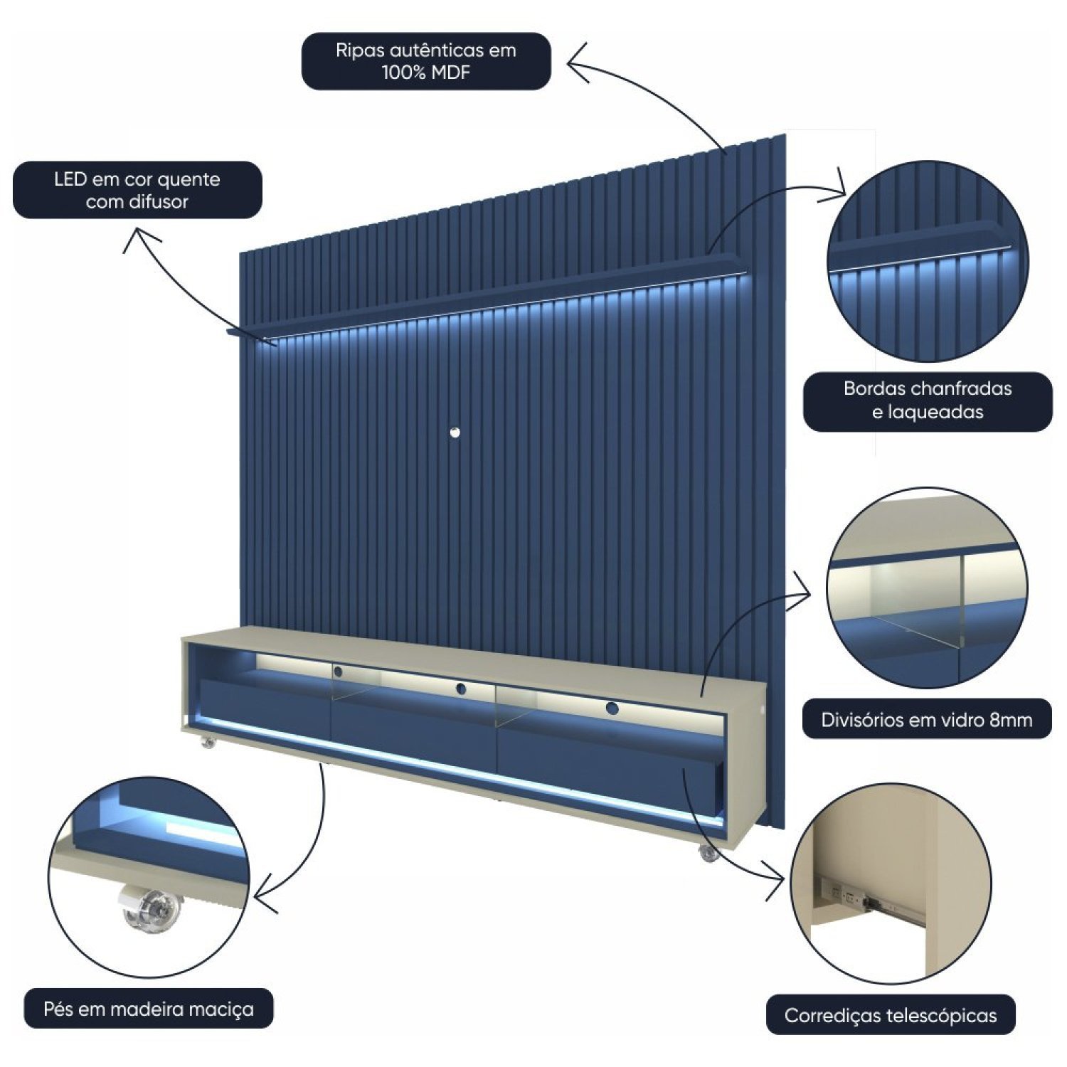 Rack com Painel Ripado para Tv até 85 Polegadas Led 3 Gavetas com Rodízios 230cm Naturale - 6