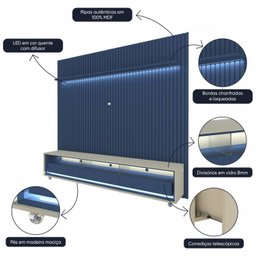 Rack com Painel Ripado para Tv até 90 Polegadas Led 3 Gavetas com Rodízios 230cm Naturale 100% MDF - 6