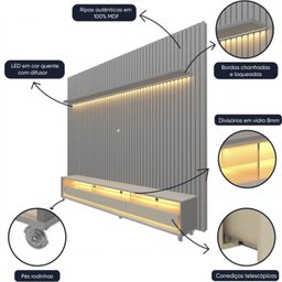 Rack com Painel Ripado para Tv até 90 Polegadas Led 3 Gavetas com Rodízios 230cm Naturale 100% MDF - 6