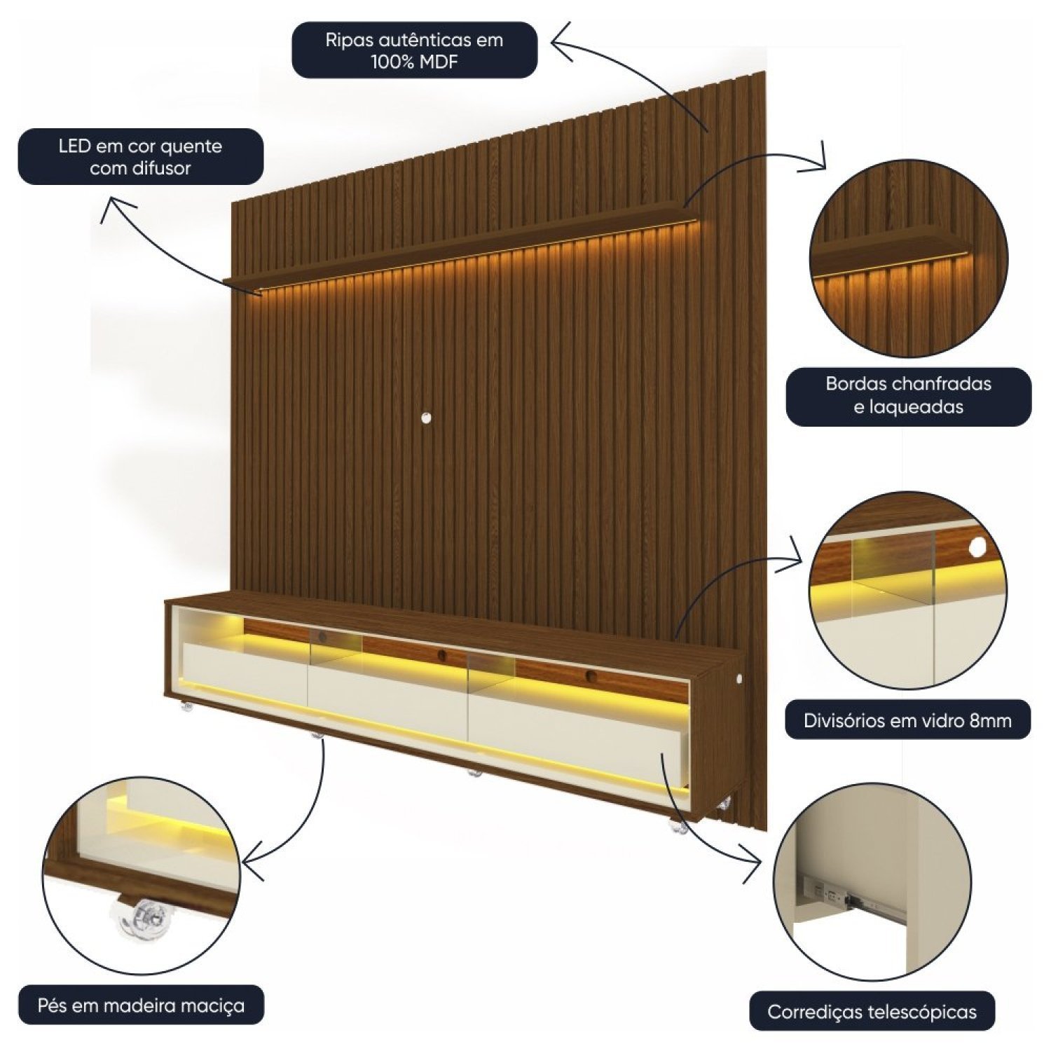 Rack com Painel Ripado para Tv até 85 Polegadas Led 3 Gavetas com Rodízios 230cm Naturale - 5