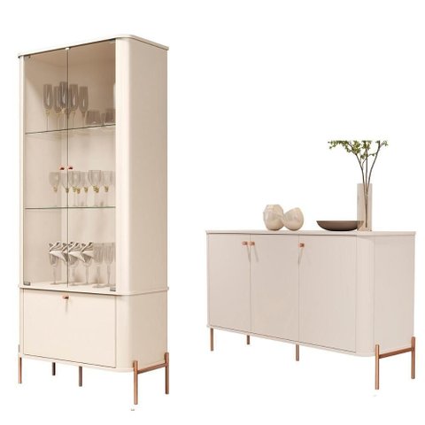 Conjunto Cristaleira e Aparador Buffet Tucupí com 3 Portas Off White/bronze