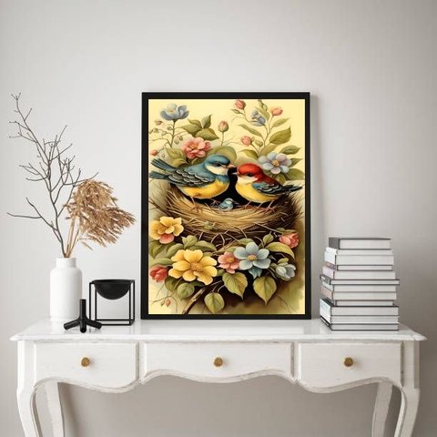 Quadro Decorativo Casal de Passarinhos no Ninho 24x18cm - com Vidro:madeira Preta