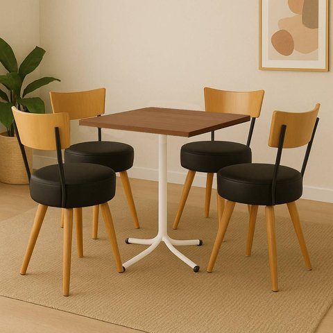 Conjunto Mesa de Jantar Quadrada Branca Tampo Imbuia com 4 Cadeiras Estofada Preta Encosto Madeira U