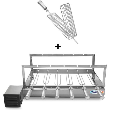Gira Grill Inox c/ 6 Espetos Tridente + Espeto Grelha Pratic