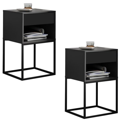 Kit 02 Mesas de Cabeceira Industrial Pé de Aço 1 Gaveta 1 Nicho - Preto/pé Preto - Lh Móveis