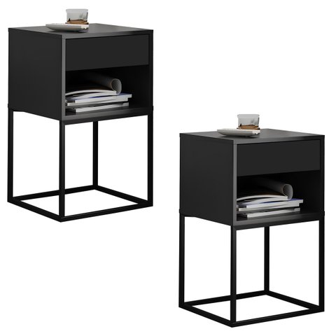 Kit 02 Mesas de Cabeceira Industrial Pé de Aço 1 Gaveta 1 Nicho - Preto/pé Preto - Lh Móveis