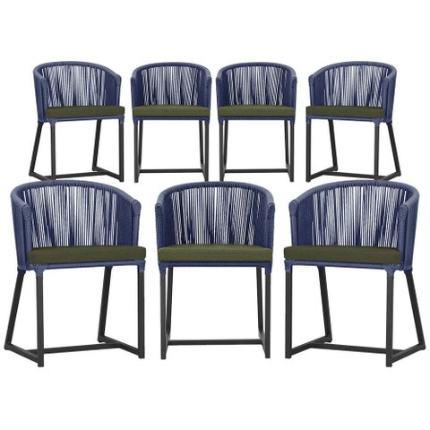 7 Cadeiras de Jantar Área Noronha em Alumínio com Pintura Preta Corda Náutica Estofado 13 Trama Orig