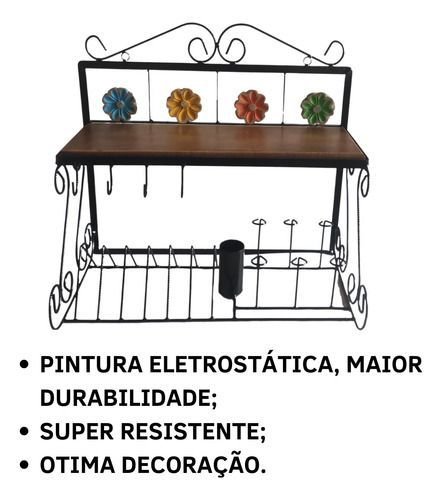 Paneleiro Escorredor Rústico e Porta Papel Toalha em Ferro:flor de Madeira - 4