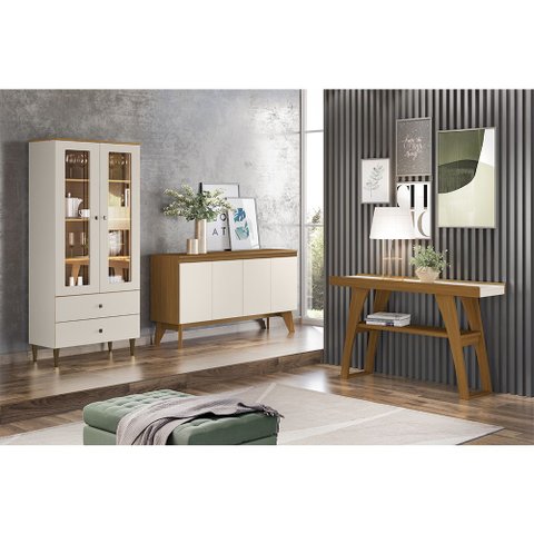 Conjunto Sala de Jantar Buffet Balcão Retrô + Cristaleira Adega + Aparador Nattur/ Off White