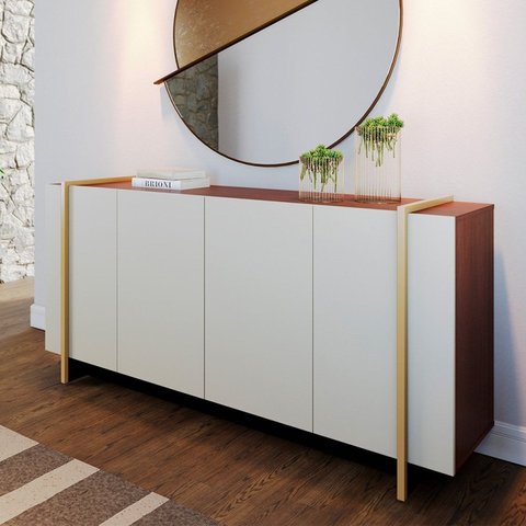 Buffet 4 Portas 160cm Copacabana Tubo Branco/Off White/Nogueira Real/Preto Fosco/T Dourad