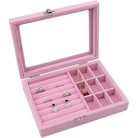 Estojo Porta Joias Tampa 9 Divisórias e Porta Anel Rosa