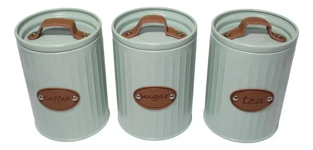 Conj de Potes Porta Condimentos de Ferro Azul com Detalhes em Couro - 1