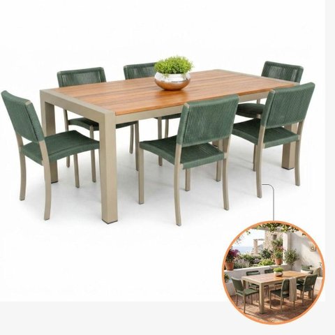 Conjunto de Jantar Majestic 6 Cadeiras em Corda Náutica Mesa em Alumínio Verde 180cm Nossa Kasa