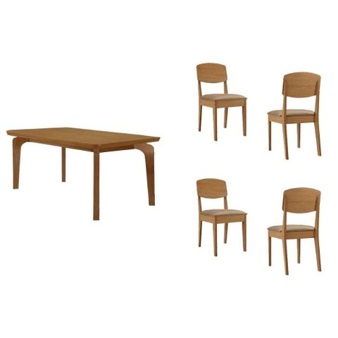 Conjunto: Mesa Sala Jantar Londrina C/ Tampo Madeirado C/ Vidro Canto Curvo 120x80cm 4 Cadeiras