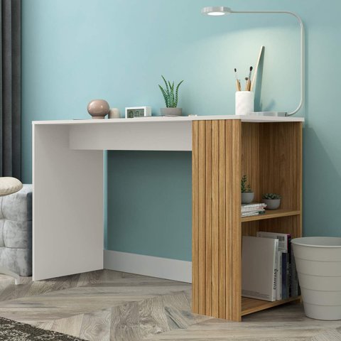 Mesa Escrivaninha 120cm com 2 Prateleiras Laterais e Detalhe em Pintura Ripada Mb 1060 Movelbento