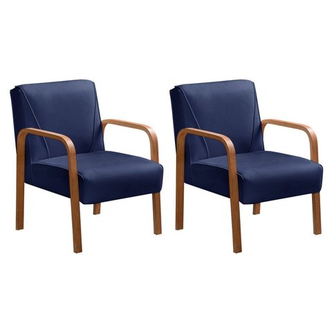 Kit 2 Poltronas Anita Conjunto Cadeiras Moderna Braço Madeira Azul Marinho 210