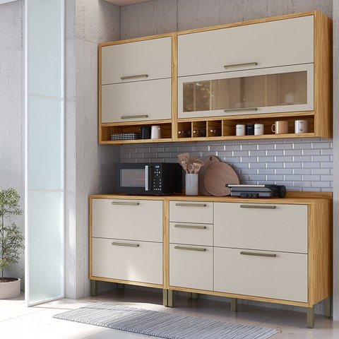 Armário de Cozinha Compacta Modulada 4 Peças 7 Portas com Vidro 200cm 100% MDF Vicenza Espresso Móveis Bege/Amêndoa/Off-White