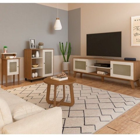 Conjunto Sala de Estar Rack e Mesa de Centro Memphis Cinamomo e Off White 100% MDF