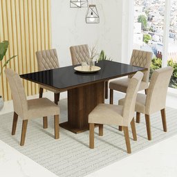 Conjunto Sala de Jantar Mesa Tampo de Vidro 6 Cadeiras Rustic/preto/imperial Geórgia Madesa - 1