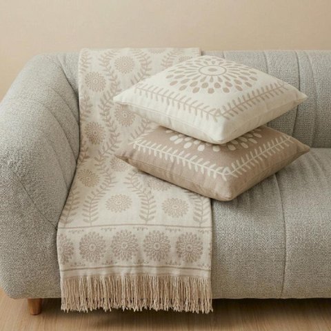 Kit Manta e Almofadas Decorativas para Sofá Georgia Bege - Nexta Casa
