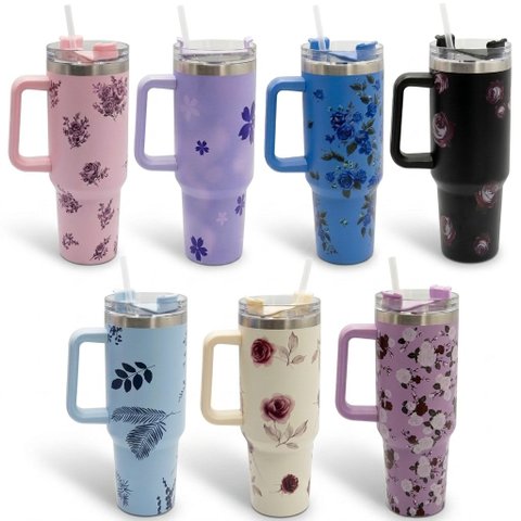 Copo Térmico Ms-931 1200ml com Estampas Florais - Aço Inox com Tampa Emborrachada:Floral Variado