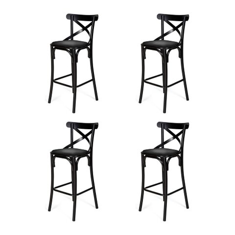 Kit 4 Banquetas Katrina com Encosto em Aço Preto Assento em Corano para Bancada de Cozinha - Preto