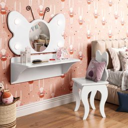 Penteadeira Infantil MDF Com Espelho E Banqueta Branca Borboleta Valen - 1