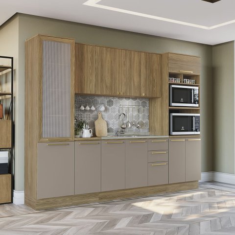 Armário de Cozinha Modulada Completa 07 Peças 2,80m Botanic Kappesberg - Nogueira/fendi
