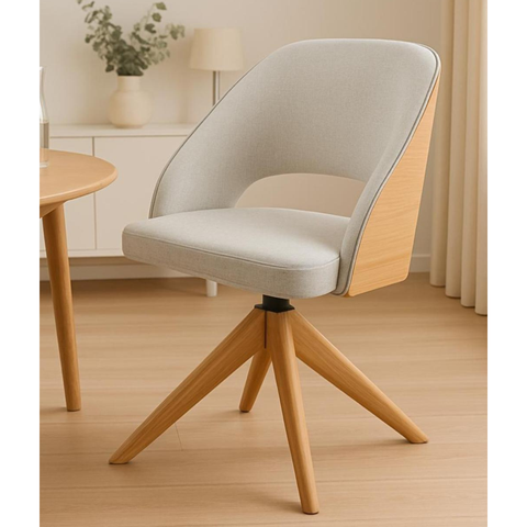 Poltrona Estofada com Base Giratória em Madeira Maciça – Prada Exclusiva Linho Palha