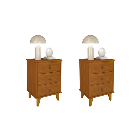 Conjunto com 2 Mesas de Cabeceira Retrô Grécia – 3 Gavetas, Puxador em Couro, Pés Palito:cedro