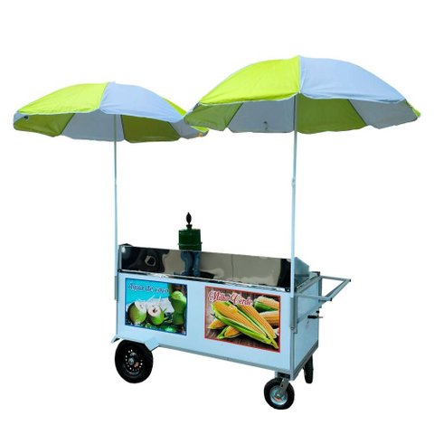 Carrinho 2 em 1 Água de Coco e Milho Verde Cefaz Luxo Branco Rodas Pneumáticas com Guarda Sol