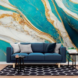Papel de Parede Painel 3D Mármore Branco Azul e Amarelo 2,5M Auto Colante Lavável Revestimento - 2
