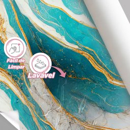 Papel de Parede Painel 3D Mármore Branco Azul e Amarelo 2,5M Auto Colante Lavável Revestimento - 4
