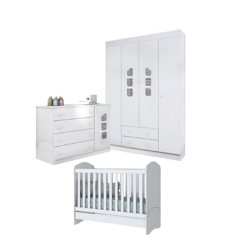 Quarto Infantil Aquarela Guarda-roupa Roupeiro e Cômoda Mdf + Berço Mini Cama Chuva de Amor