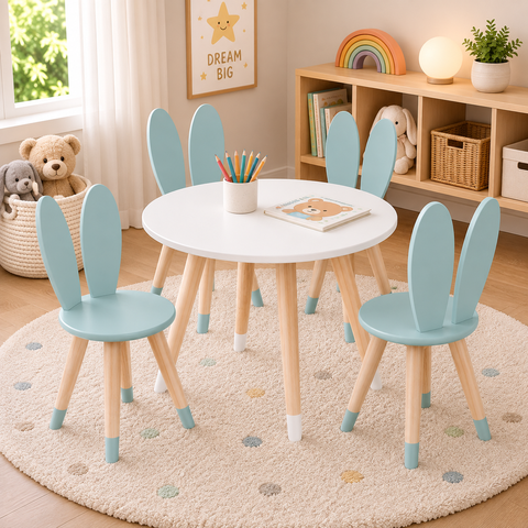 Conjunto Coelho Mesa 4 Cadeiras Infantil Pintura PU:Menta