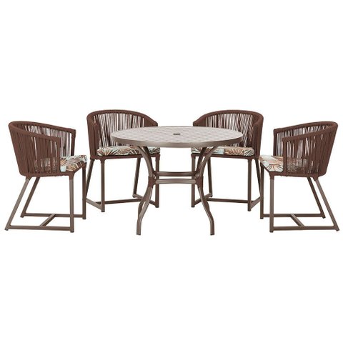 Mesa com 4 Cadeiras de Jantar Roma 100cm e Noronha em Aluminío Marrom Corda Nautica Estofado 6 Trama