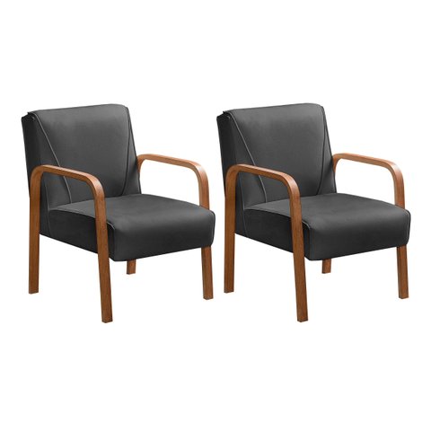 Kit 2 Poltronas Conjunto Cadeiras Moderna Braço Madeira Anita Cinza Capuccino