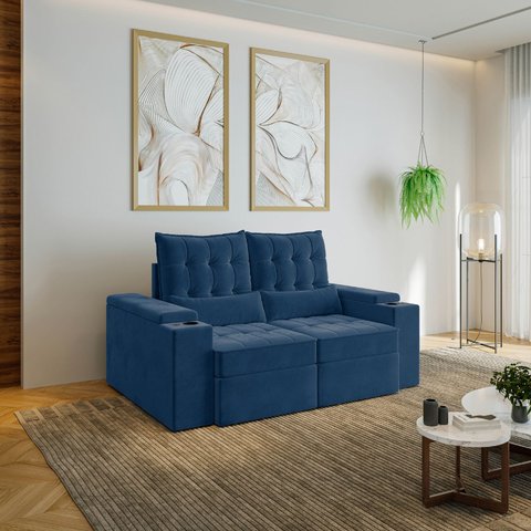 Sofá Retrátil Reclinável 3 Lugares 180cm Porta Copos e USB Embaúba Extra CabeCasa MadeiraOriginals Azul Diamante
