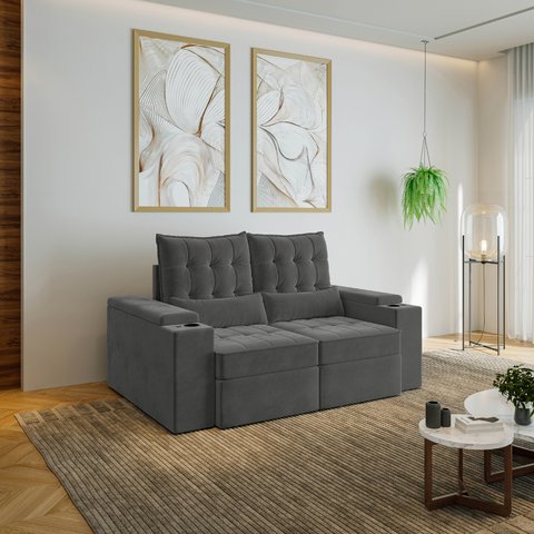 Sofá Retrátil Reclinável 3 Lugares 180cm Porta Copos e USB Embaúba Extra CabeCasa MadeiraOriginals