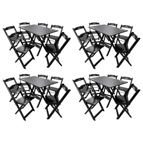 Kit 4 Conjuntos Mesa Dobrável Madeira 110x70 com 6 Cadeiras Personalizada Hei Preta - Tarimatã