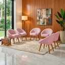 Ver imagem 1 de Kit 6 Poltrona Sala Decorativa Louis Veludo Rosa Pés Palito Castanho