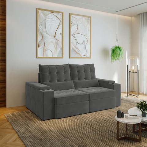 Sofá Retrátil Reclinável 3 Lugares 200cm Porta Copos e USB Embaúba Extra CabeCasa MadeiraOriginals