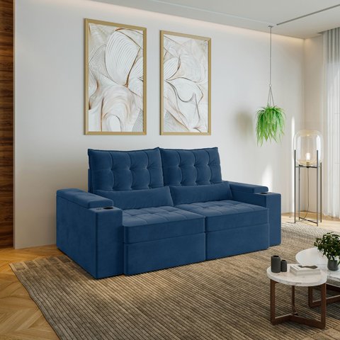 Sofá Retrátil Reclinável 3 Lugares 210cm Porta Copos e USB Embaúba Extra CabeCasa MadeiraOriginals Azul Diamante